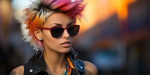 crazy street girl with cool sunglasses and mohawk haircut - obrazy, fototapety, plakaty