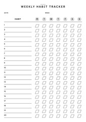 Weekly Habit Tracker Planner Template Sheet, Minimal and Simple Weekly Habit Tracker Planner Template