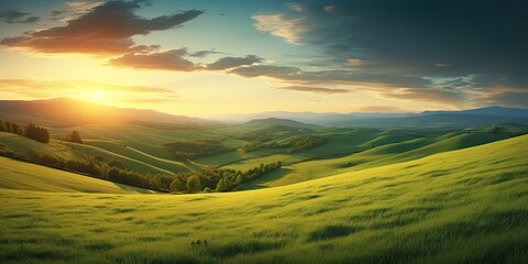 Fototapeta premium Rural tranquility. Sunset over green meadow. Sunrise splendor. Rolling hills and fields in countryside. Nature palette. Vivid summer scenery in tuscany