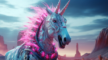 close-up view of an attacking unicorn cybord, with a wild background generative ai