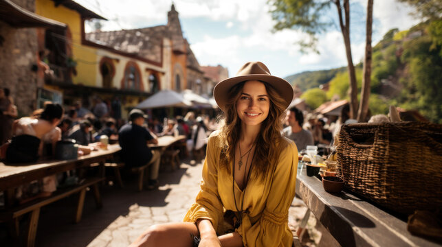 Portrait of a beautiful traveler woman in a hat sitting at a table in a cafe at Mexico Cuernavaca streets.
