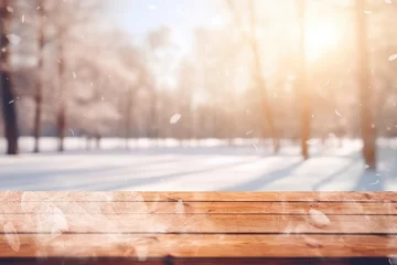 Foto op Canvas snow covered wooden table with winter scenery background Generative AI © sean