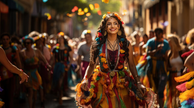 Unidentified woman dancing at the annual Carnaval Andino con la Fuerza del Sol in Barcelona, Spain.