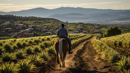 Farmer on his horse walking in his agave seed in Jalisco, Mexico. - obrazy, fototapety, plakaty