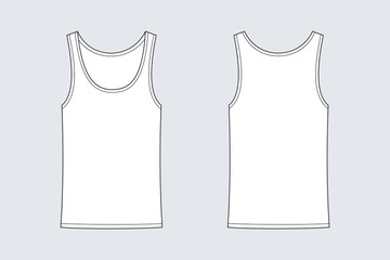 Female tank top vector template isolated on a grey background. Front and back view. Outline fashion technical sketch of clothes model. - obrazy, fototapety, plakaty