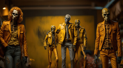 Mannequins in dead mexican costume in yellow.