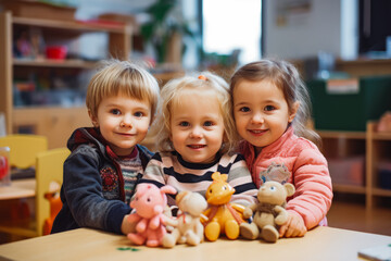 Children in kindergarten. A multiracial group of preschoolers or kindergarteners having fun in the classroom. Children playing with toys.