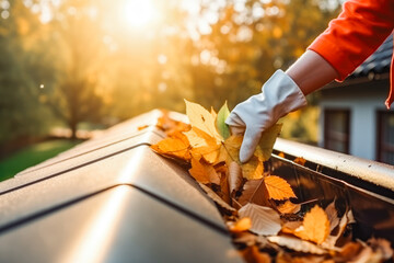 Cleaning the gutter from autumn leaves before winter. Closeup view of an anonymous worker on the roof of a house scooping gutters to clean for winter - obrazy, fototapety, plakaty