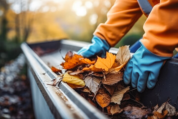 Cleaning the gutter from autumn leaves before winter. Closeup view of an anonymous worker on the roof of a house scooping gutters to clean for winter - obrazy, fototapety, plakaty