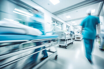 Hospital emergency team rush patient on gurney to the operation room. Patient being rushed into operating room in hospital by a group of doctors. Motion blur moving - Powered by Adobe