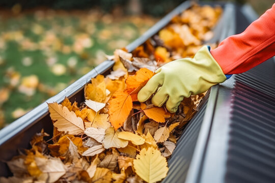 Cleaning the gutter from autumn leaves before winter. Closeup view of an anonymous worker on the roof of a house scooping gutters to clean for winter