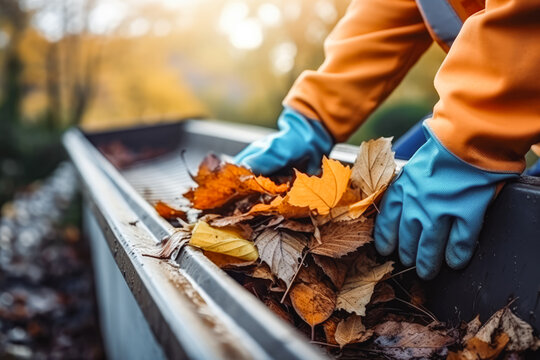 Cleaning the gutter from autumn leaves before winter. Closeup view of an anonymous worker on the roof of a house scooping gutters to clean for winter