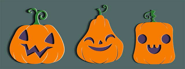 Halloween pumpkin set with unique expresion in paper cut style.