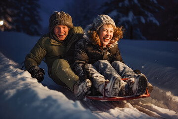 Couple sledding on snow at night. Couple sledding in snow-covered landscape at night. Young couple have fun in the winter skating in the snow at night - obrazy, fototapety, plakaty