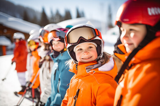 Ski school children in line. Happy children. Children learning how to ski with their coach. Ski holiday, Children learning to ski Bavaria, Germany.
