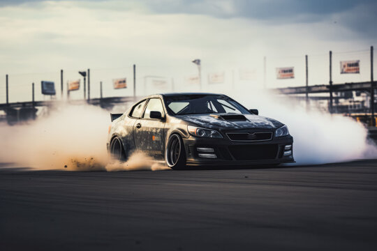Smoke tires. A fast race car peels out on the starting line of a raceway's drag strip. Drifting car.