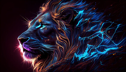 Abstract neon light Lion, wallpaper, glowing background, Ai generated image - Powered by Adobe
