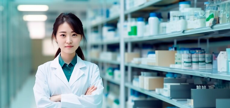 portrait of female asian pharmacist smiling wearing white coat in chemist lab