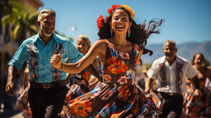Group of people dancing at Madeira Wine Festival in Funchal on Madeira Island, Portugal. - obrazy, fototapety, plakaty