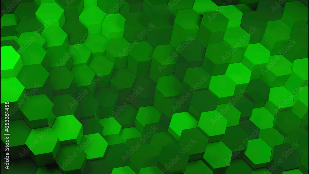 Poster abstract hexagonal mosaic green tiles. design. colorful wave motion of mosaic particles.