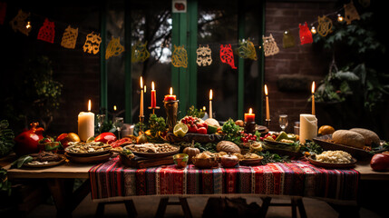 cena de navidad mexicana en casa tradicional con platillos tipicos de mexico mesa con vleas y adornada para la cena de Navidad - obrazy, fototapety, plakaty