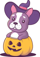 Cute frenchie (french bulldog) puppy wearing a witch hat Halloween costume, inside a Jack o lantern candy bucket for trick or treat vector cartoon illustration isolated on white