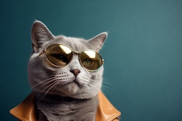 colorpoint shorthair cat wearing a trendy sunglasses against a metallic silver background