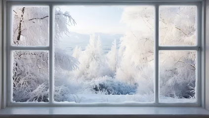 Fotobehang Winter landscape with snow covered trees and frost on the windowsill. © Meow Creations