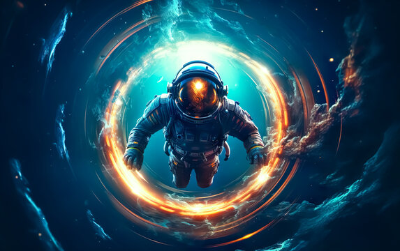 Astronaut with black hole or hyperloop in galaxy space science and  fantasy concepts.environmental of universe