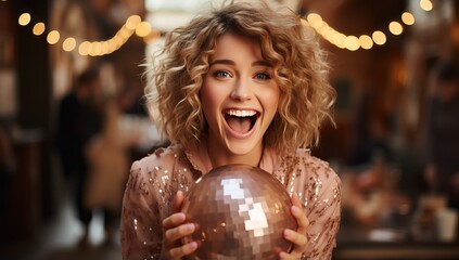Cheerful young woman holding a disco ball and looking at camera