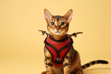 Fototapeta premium abyssinian cat wearing a ladybug wings harness against a beige background