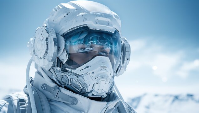 Astronaut in space suit and helmet against blue sky over snowy mountains