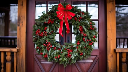 Fototapeta na wymiar Christmas wreath on the door of a wooden house with red bow
