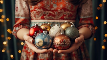 Little girl holding Christmas balls on bokeh background