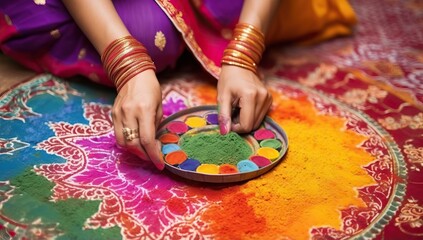 Indian woman with colorful holi powder in bowl - obrazy, fototapety, plakaty