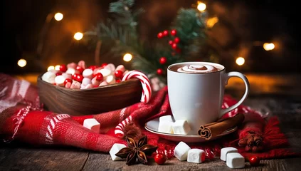 Foto op Canvas Hot chocolate with marshmallows and candy canes © Meow Creations