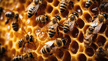 hundred of bees producing honey on honeycombs
