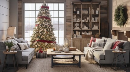 A farmhouse-inspired living room with rustic Christmas decor, featuring burlap accents, mason jar candles, and a festive tree. - obrazy, fototapety, plakaty