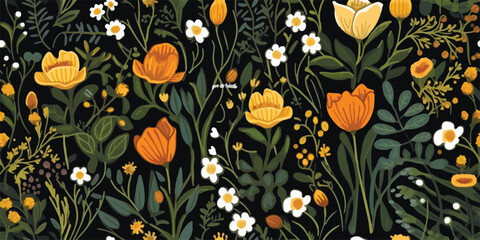 Beautiful blooming meadow flowers in many kind of florals hand drawn style seamless pattern in vector ,Design for fashion,fabric,web,wallpaper,wrapping and all prints on black background color