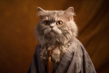 Fototapeta premium selkirk rex cat wearing a wizard robe against a warm taupe background
