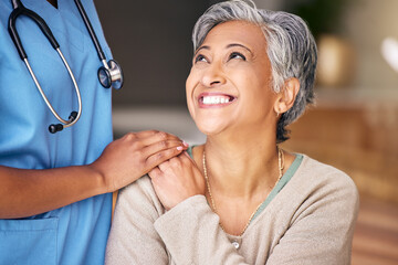 Nurse, senior woman and smile with comfort, holding hands or support in nursing home for...