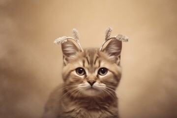 Fototapeta premium cymric cat wearing a reindeer antlers headband against a warm taupe background