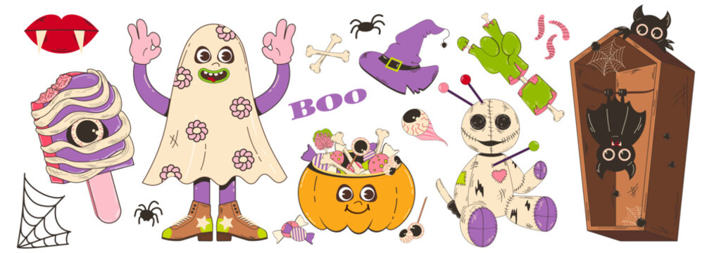 Set of elements for Halloween in retro cartoon style. Vector character illustration of pumpkin with sweets, ghost, zombie hand, ice cream with eyes, voodoo doll coffin with bat and other elements.