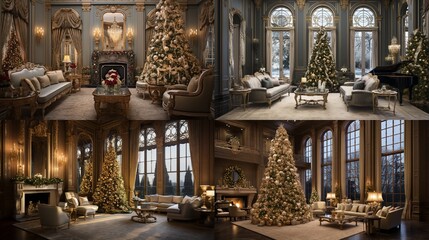 Fototapeta premium A grand and opulent living room with towering Christmas trees, gilded accents, and elegant holiday decor fit for a luxurious celebration.