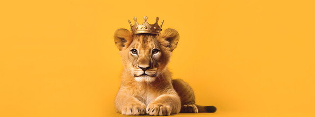 Cute baby lion with a crown on an orange background with space for text