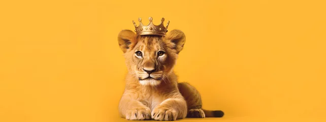 Foto op Canvas Cute baby lion with a crown on an orange background with space for text © Daria17