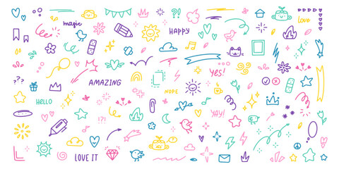 Set of cute doodle hand drawn doodles. Vector multicoloured doodles on black background