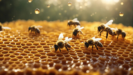 hundred of bees producing honey on honeycombs
 - obrazy, fototapety, plakaty