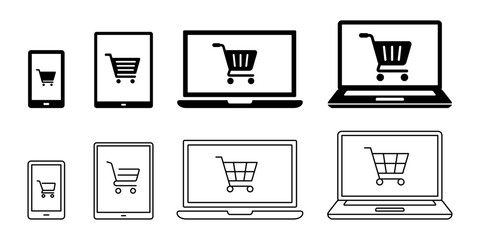 ネットショッピング、オンライン通販のショッピングカートとデバイスのベクターイラスト白黒アイコン素材セット - obrazy, fototapety, plakaty