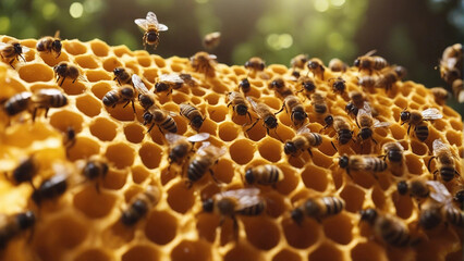 hundred of bees producing honey on honeycombs
 - obrazy, fototapety, plakaty